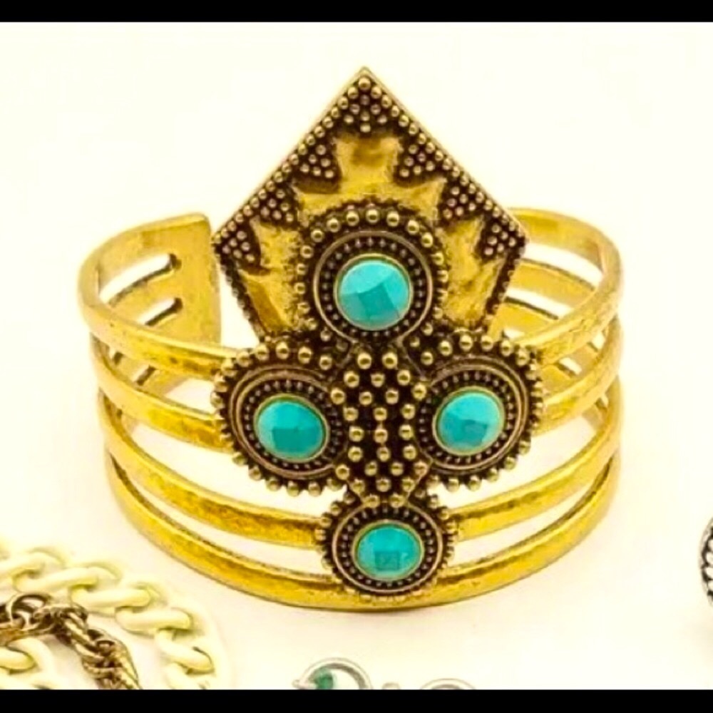 Lucky Charm Amazing Golden Tone & Genuine Turquoise Adaptable Bangle.